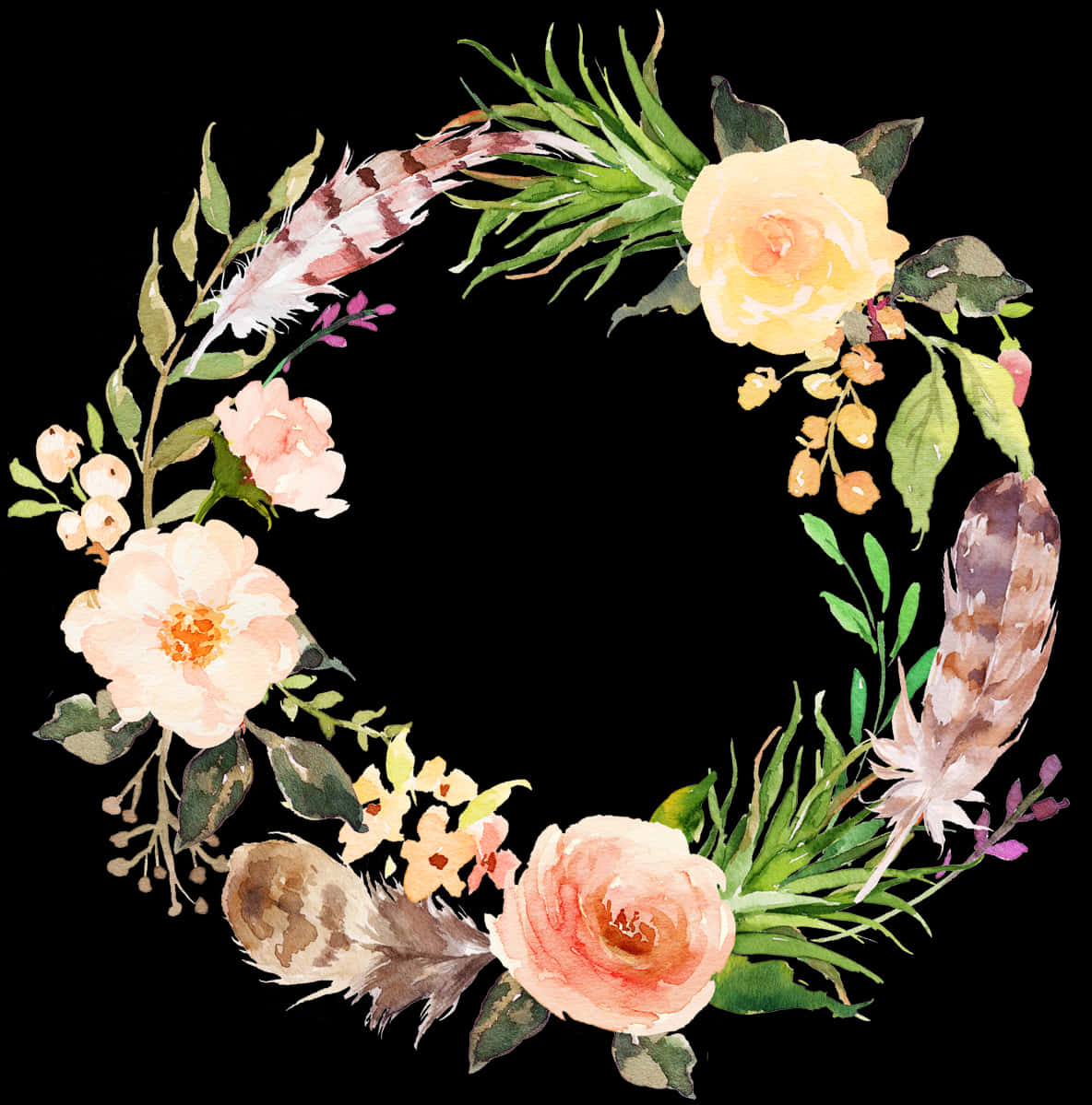 Watercolor_ Floral_ Wreath_with_ Feathers