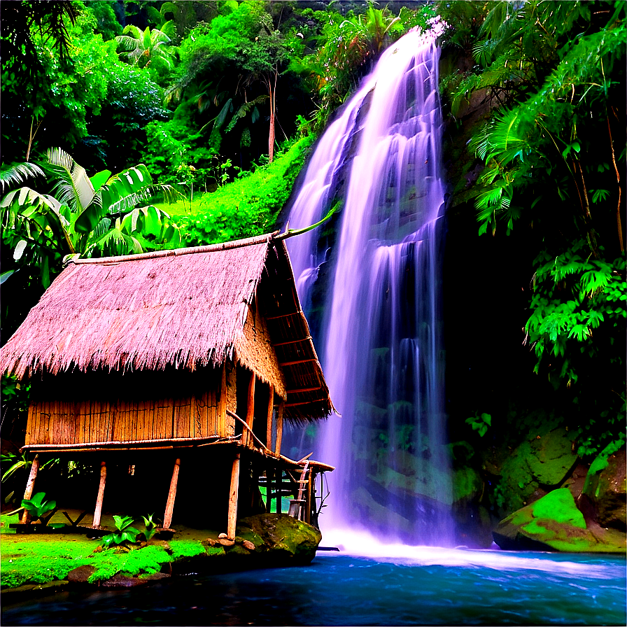 Waterfall And Traditional Hut Png 43