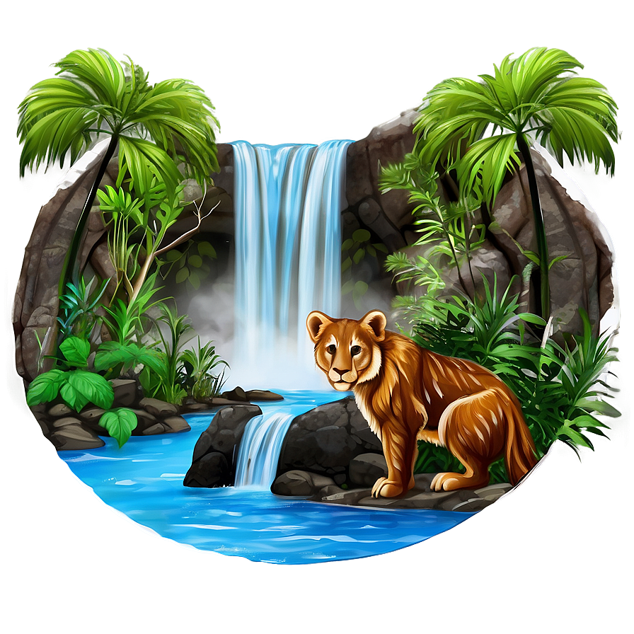 Waterfall And Wildlife Scene Png Hse98