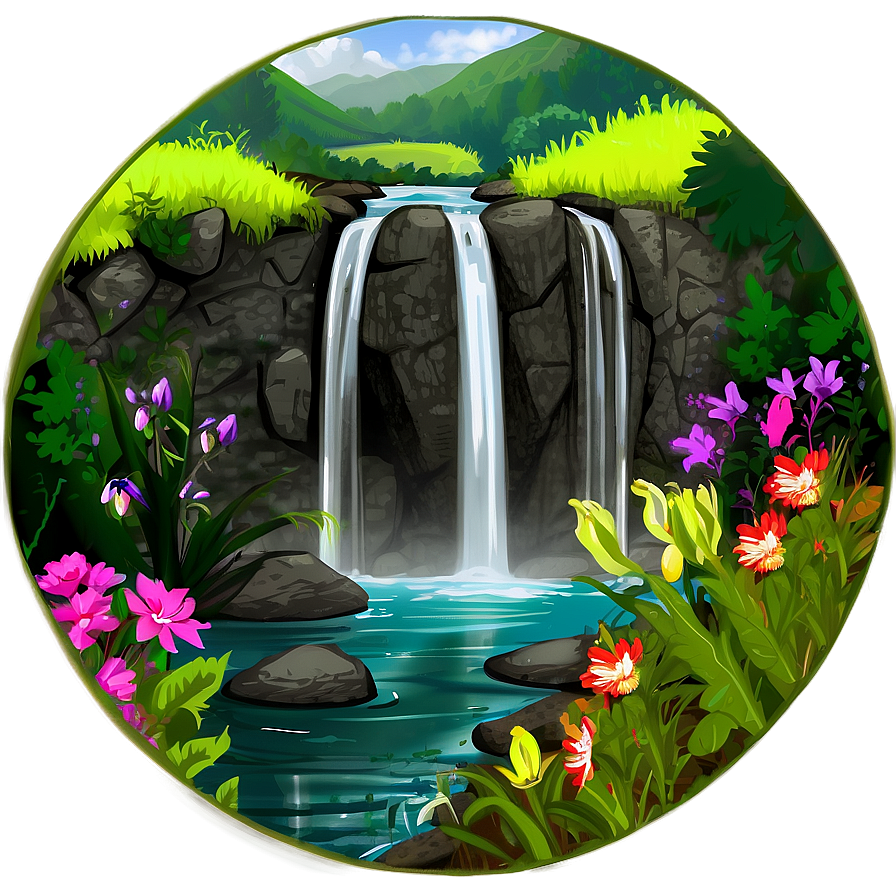 Waterfall In Bloom With Wildflowers Png Fid67