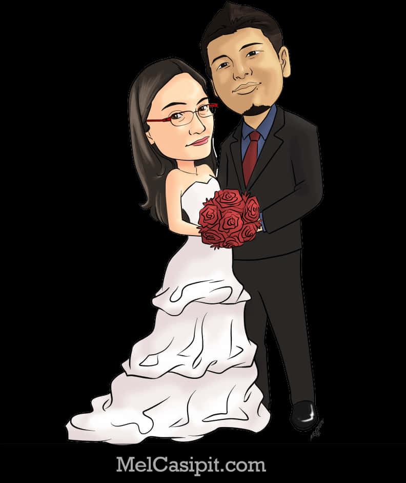 Wedding Caricature Couplewith Roses