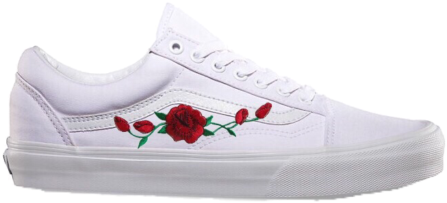 White Vans Sneakerwith Red Rose Embroidery