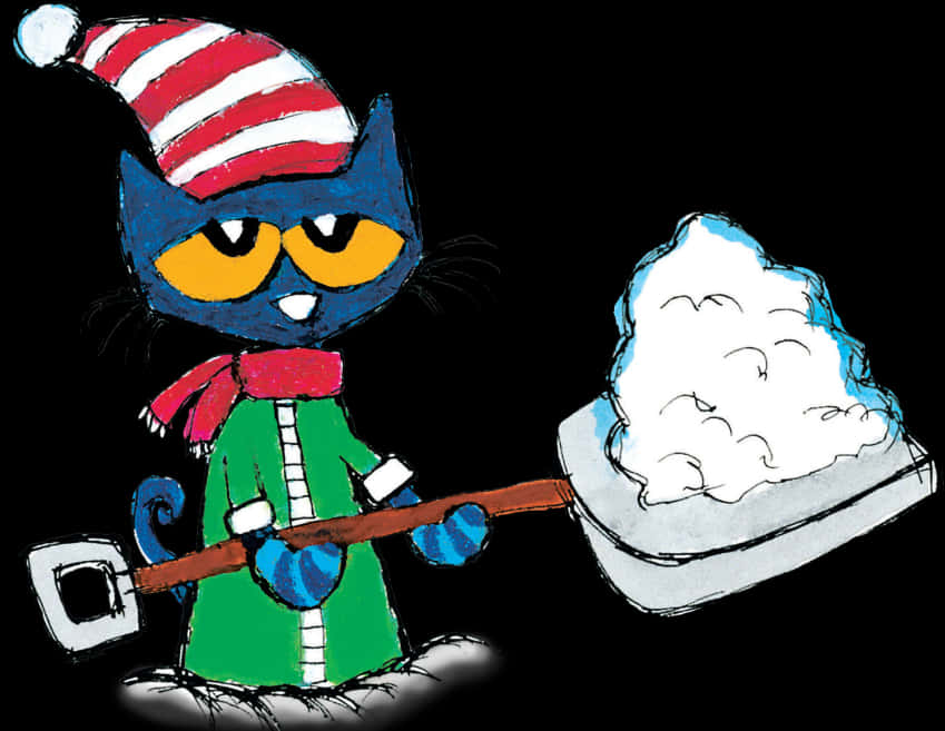 Winter Cat Shoveling Snow Illustration