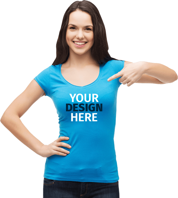 Woman Pointingat Blue Tshirt Mockup