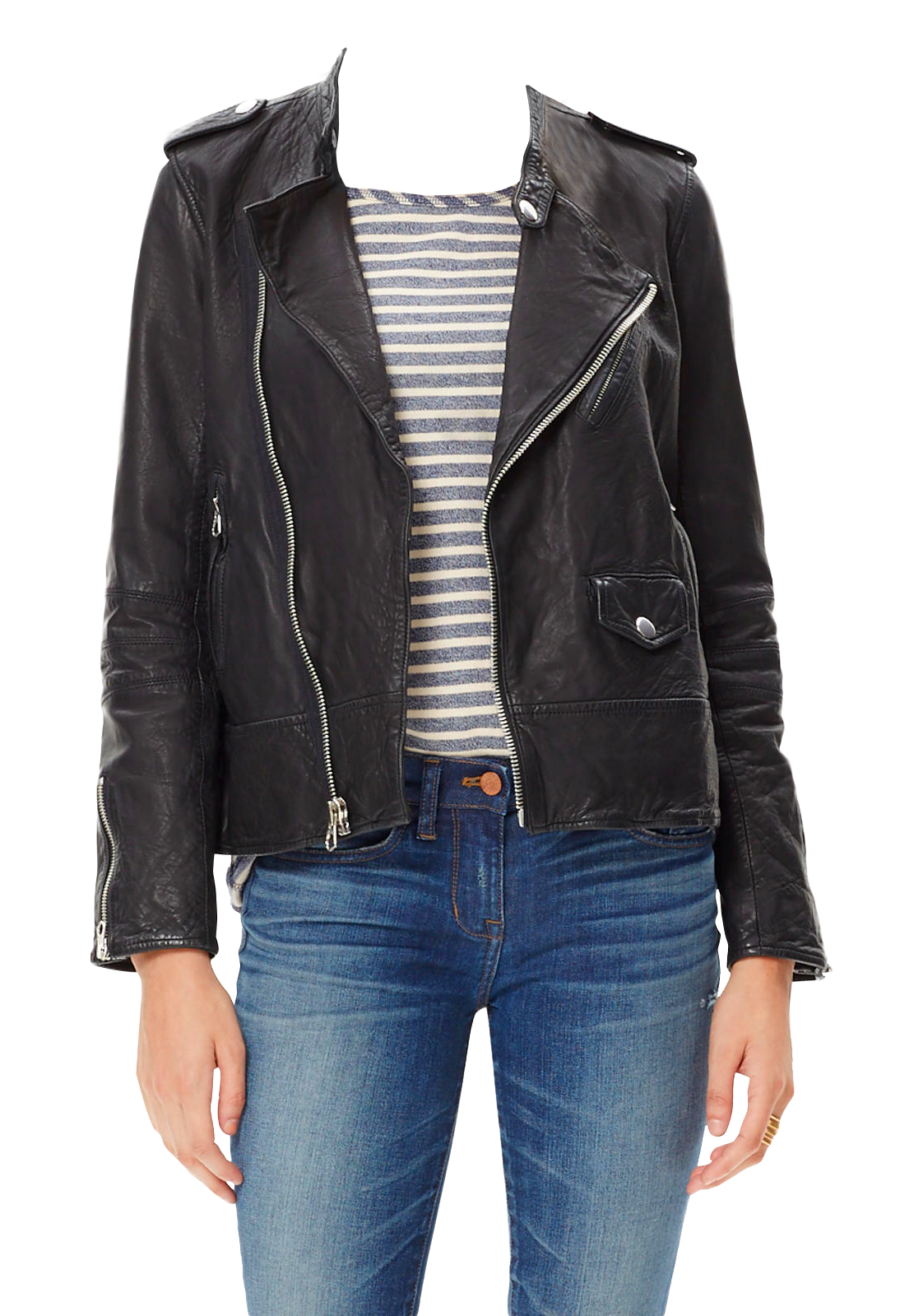 Womanin Leather Jacketand Blue Jeans