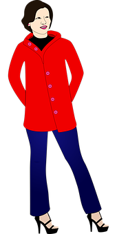 Womanin Red Coatand Blue Pants