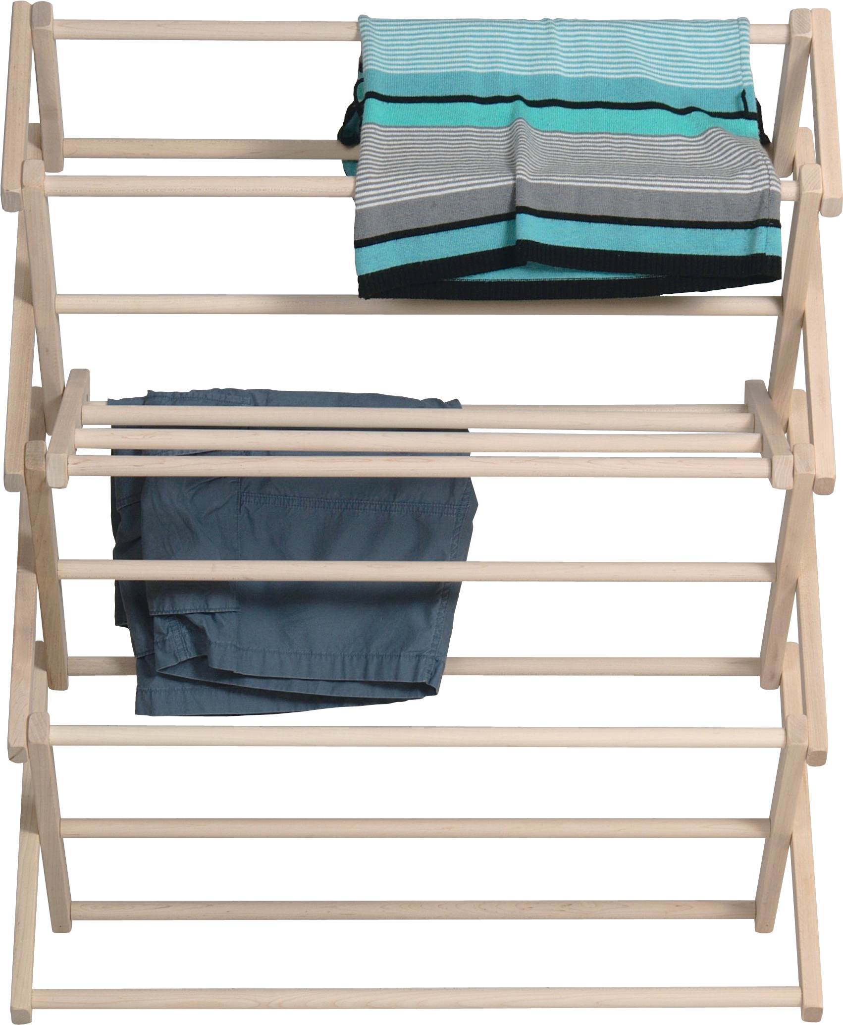 Wooden Clothes Drying Rack With Towels And Pants