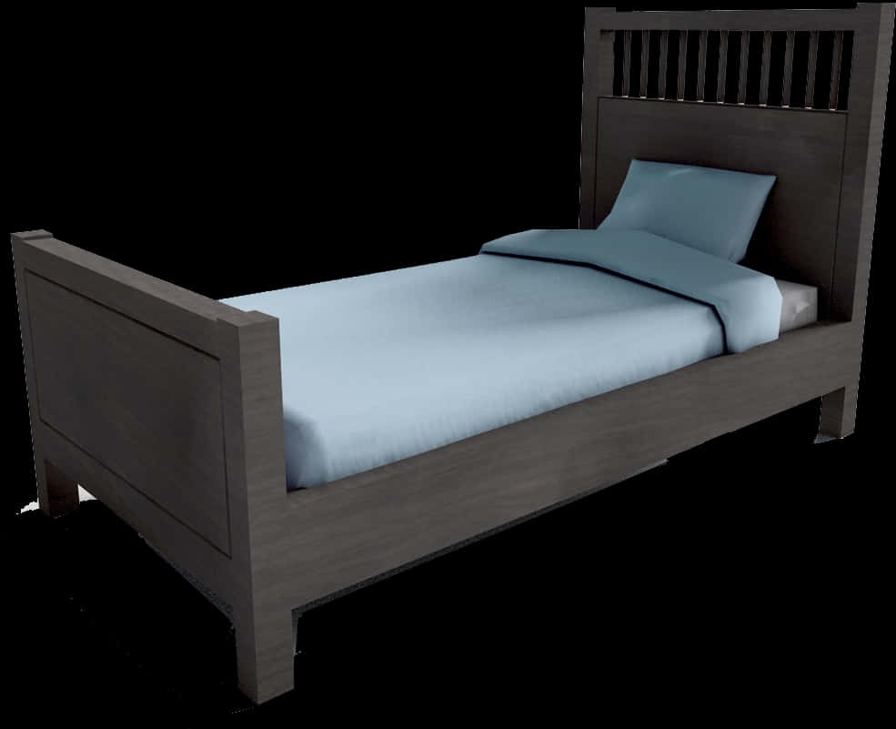 Wooden Single Bed With Blue Bedding