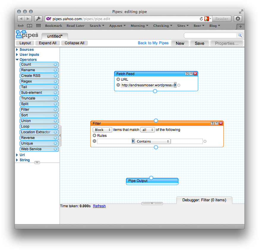 Yahoo Pipes Editing Interface Screenshot
