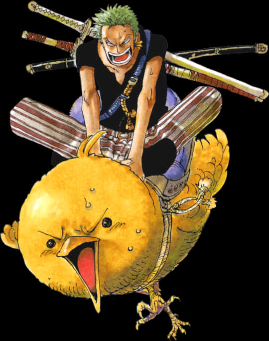 Zoro_ Riding_ Giant_ Chick_ Anime_ Illustration