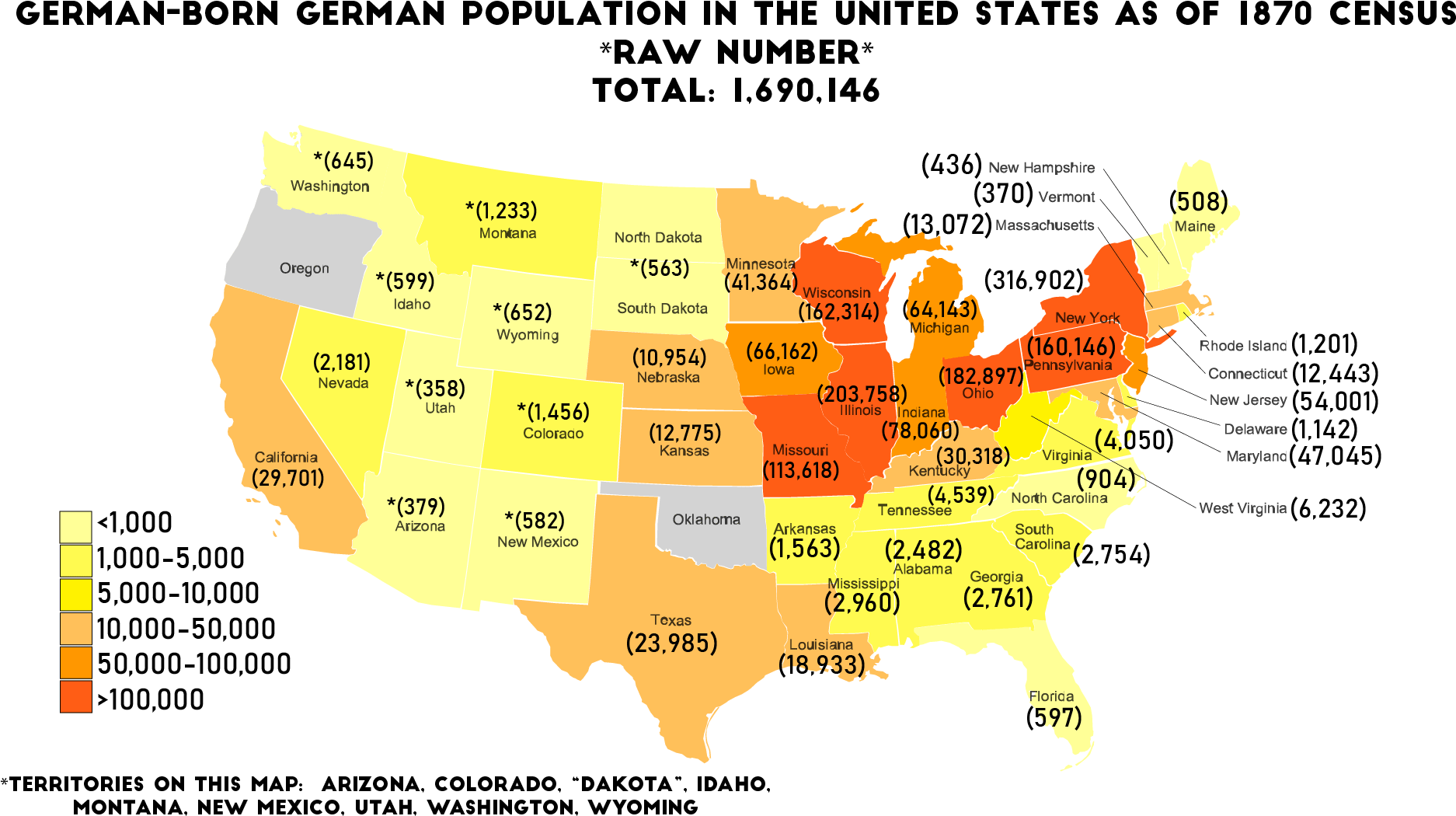 1870 U S German Born Population Map PNG Image