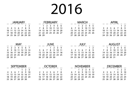 2016 Yearly Calendar Blackand White PNG Image