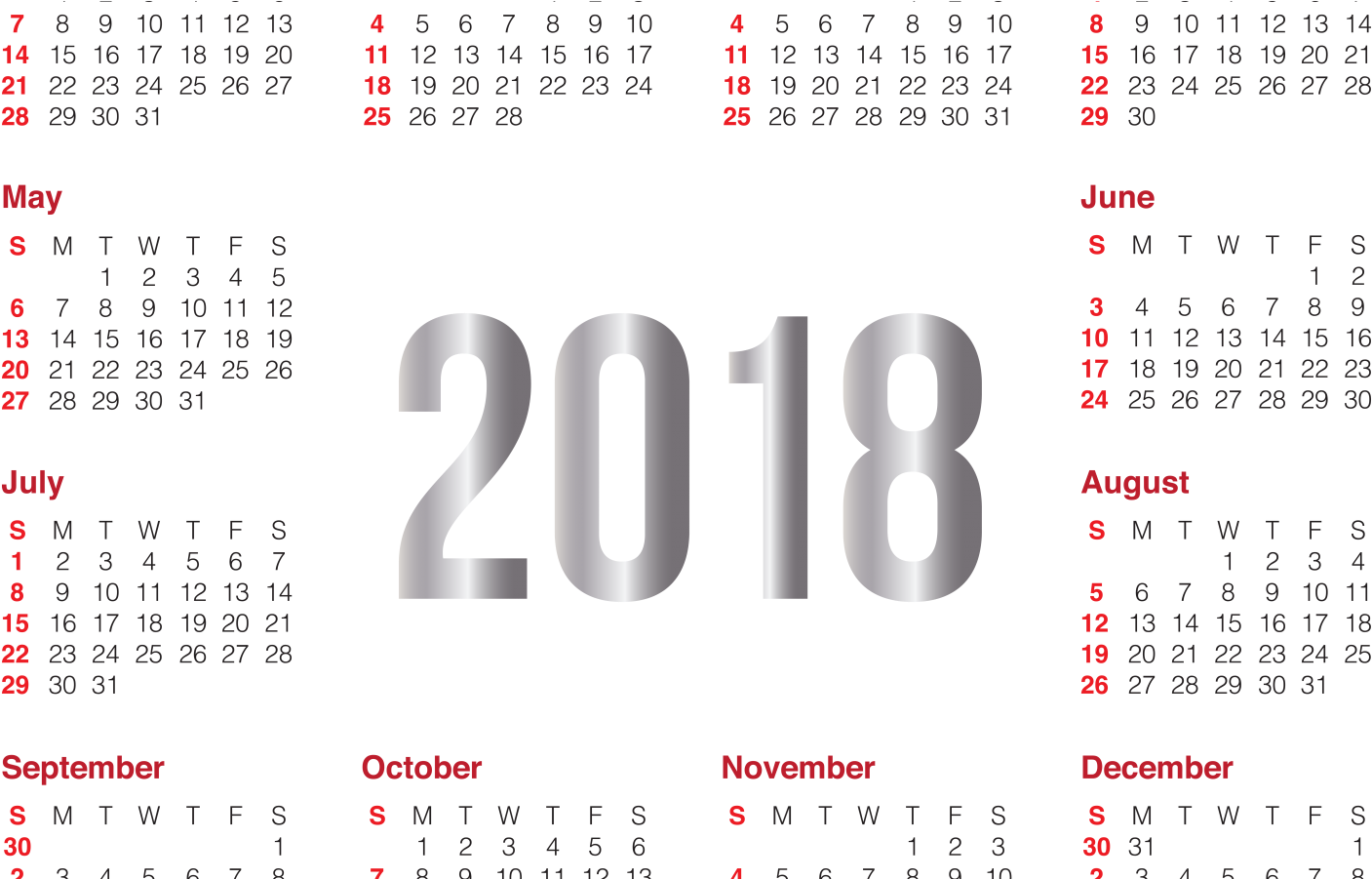 2018 Yearly Calendar Clipart PNG Image