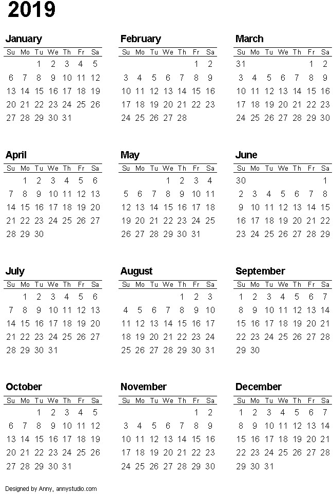 2019 Complete Year Calendar Clipart PNG Image