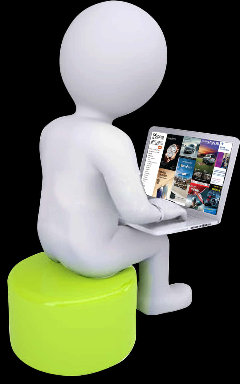 3 D Figure Using Laptop On Stool PNG Image