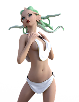 A Cartoon Of A Woman With A Green Hair And A White Garment PNG Image