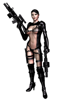 A Woman In A Black Outfit Holding A Gun PNG Image