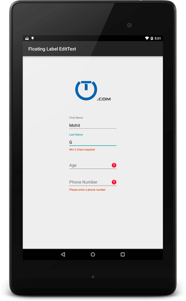 Android Tablet Form Validation Screen PNG Image