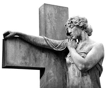 Angel Statue Leaningon Cross PNG Image