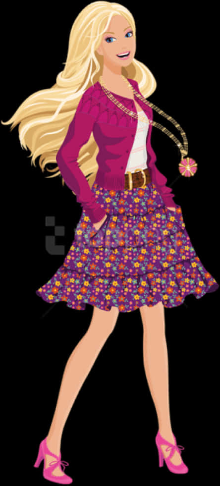 Animated Blonde Fashion Doll Illustration PNG Image