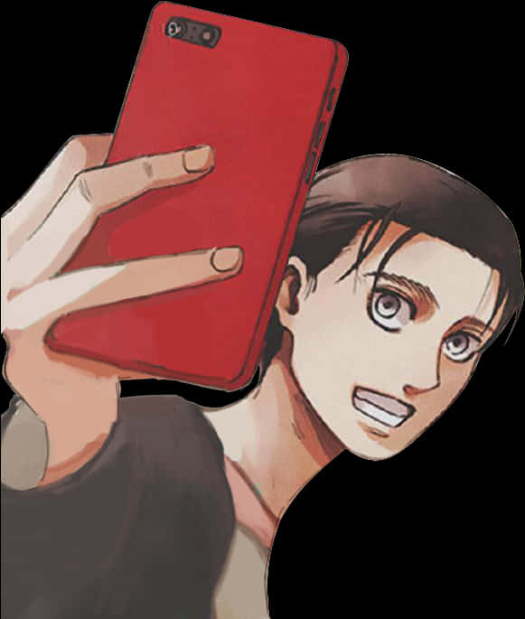 Animated Character Selfiewith Red Phone PNG Image