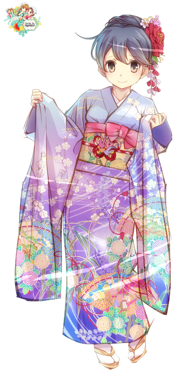 Animated Characterin Floral Kimono PNG Image