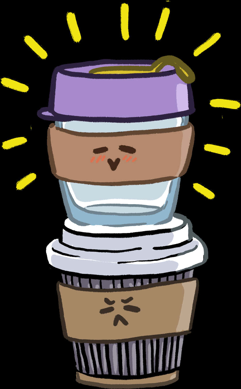 Animated Coffee Cup Characters PNG Image