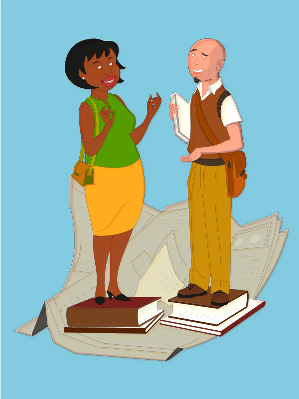 Animated Conversation Over Books PNG Image