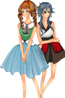 Animated Female Friends Standing Together PNG Image