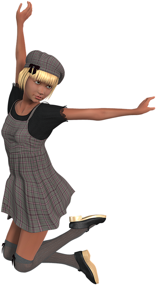 Animated Girl Jumpingin Plaid Dress.png PNG Image