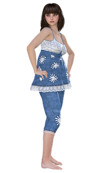 Animated Girlin Denim Dress PNG Image