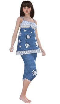 Animated Girlin Denim Dress PNG Image