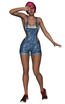 Animated Girlin Denim Overalls Saluting PNG Image