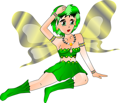 Animated Green Elf Girl Sitting PNG Image