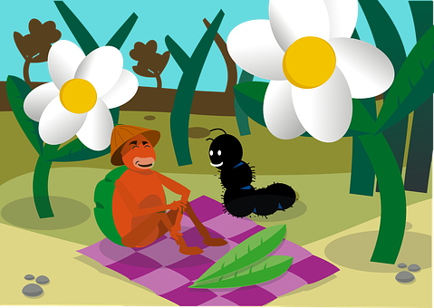 Animated Picnic With Giant Flowersand Insects PNG Image