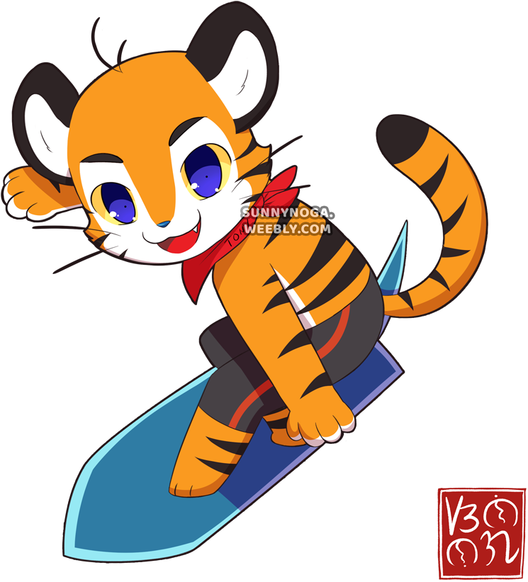 Animated Tiger Cub Surfing Illustration PNG Image