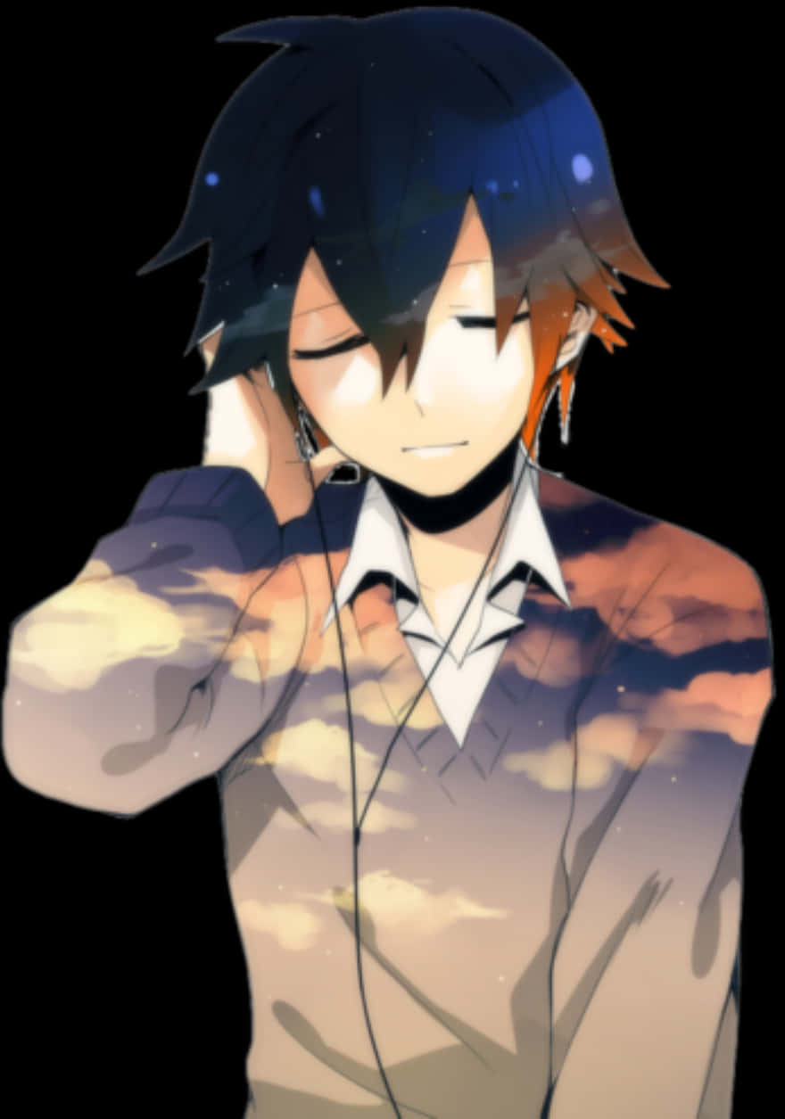 Anime Boy Listeningto Music PNG Image