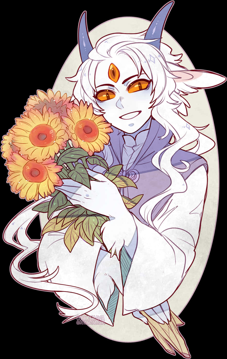 Anime Boywith Hornsand Flowers PNG Image