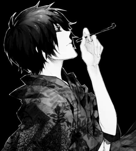 Anime Character Smokingin Monochrome PNG Image