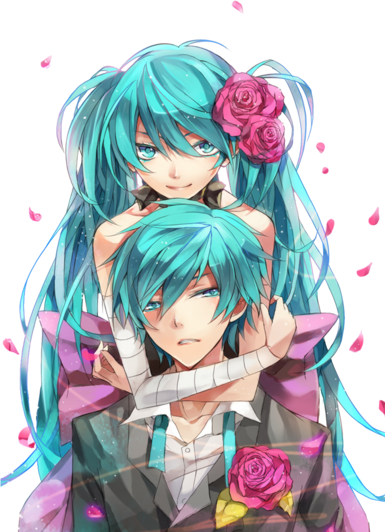 Anime Couplewith Blue Hairand Roses PNG Image