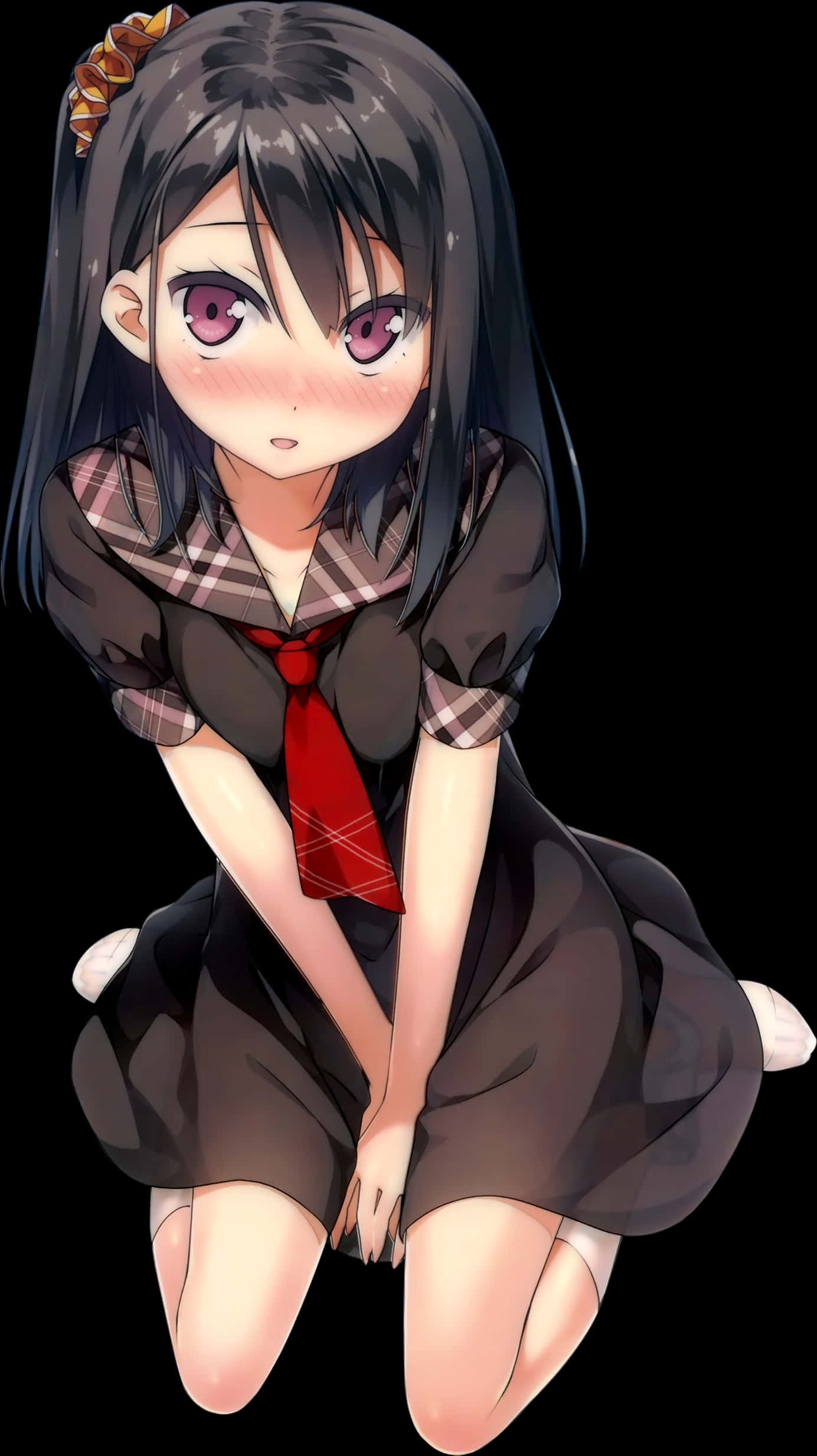 Anime Girl Blushing Kneeling PNG Image