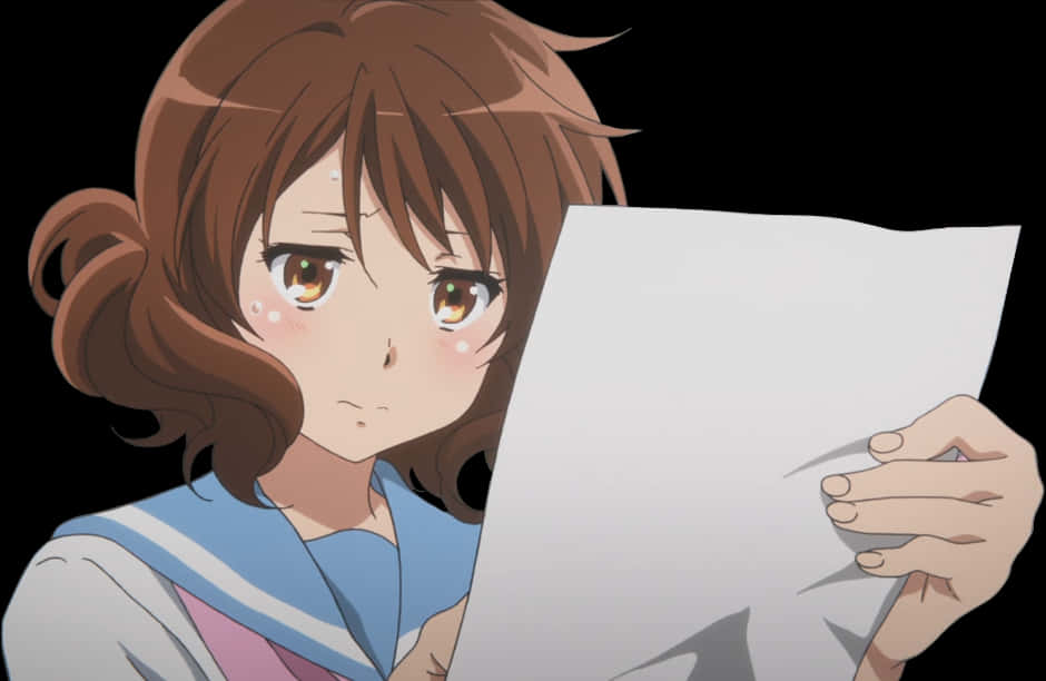 Anime Girl Holding Paper Concerned Look PNG Image