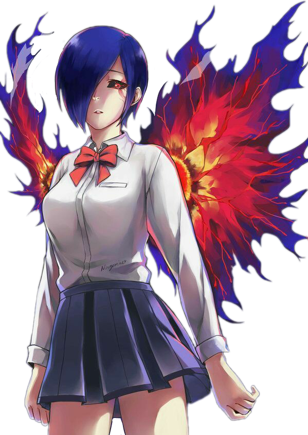 Anime Girl With Blue Hairand Flaming Wings PNG Image