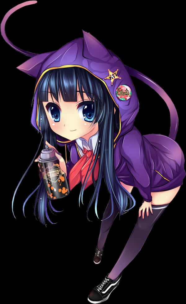 Anime Girl With Purple Witch Costumeand Lantern PNG Image