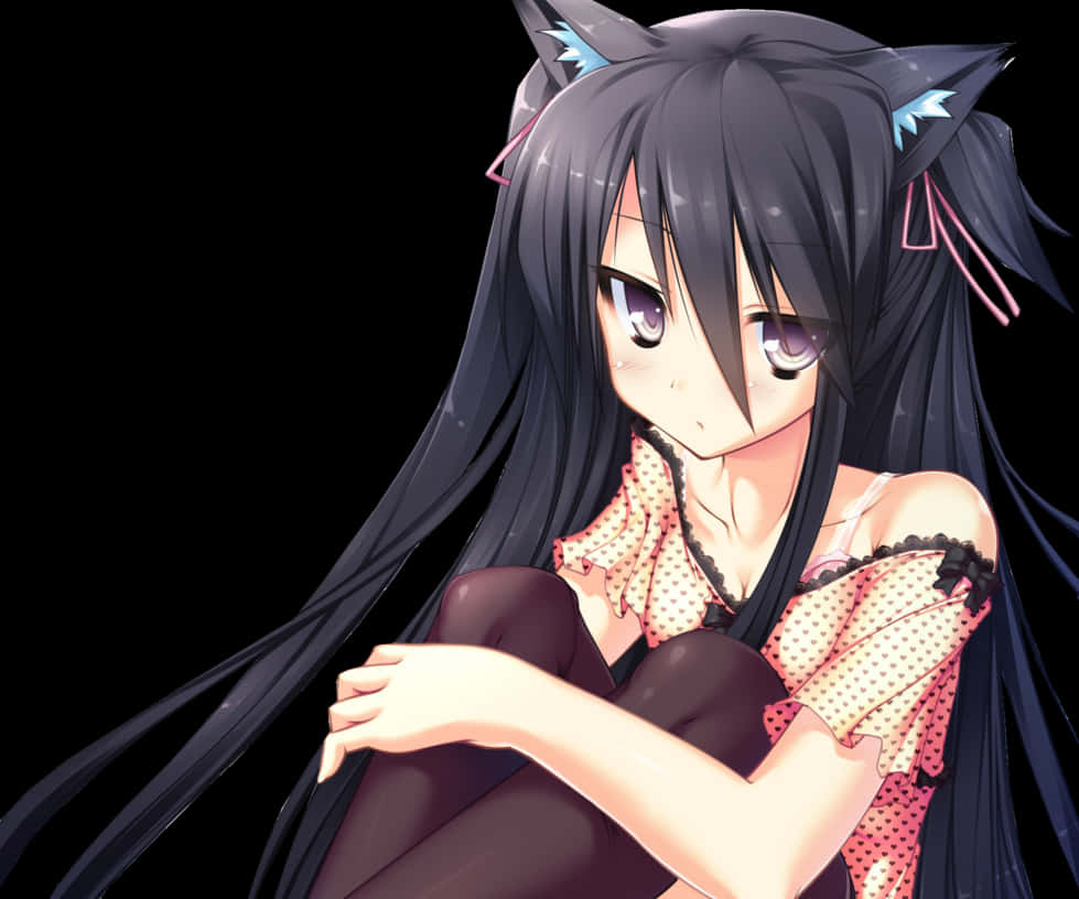 Anime Girlwith Cat Earsand Black Hair PNG Image