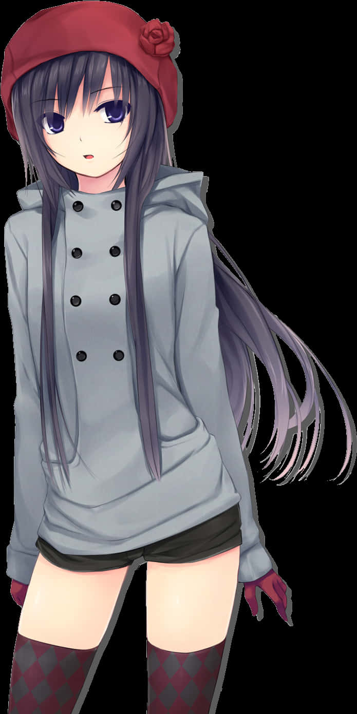 Anime Girlwith Long Purple Hairand Hat PNG Image