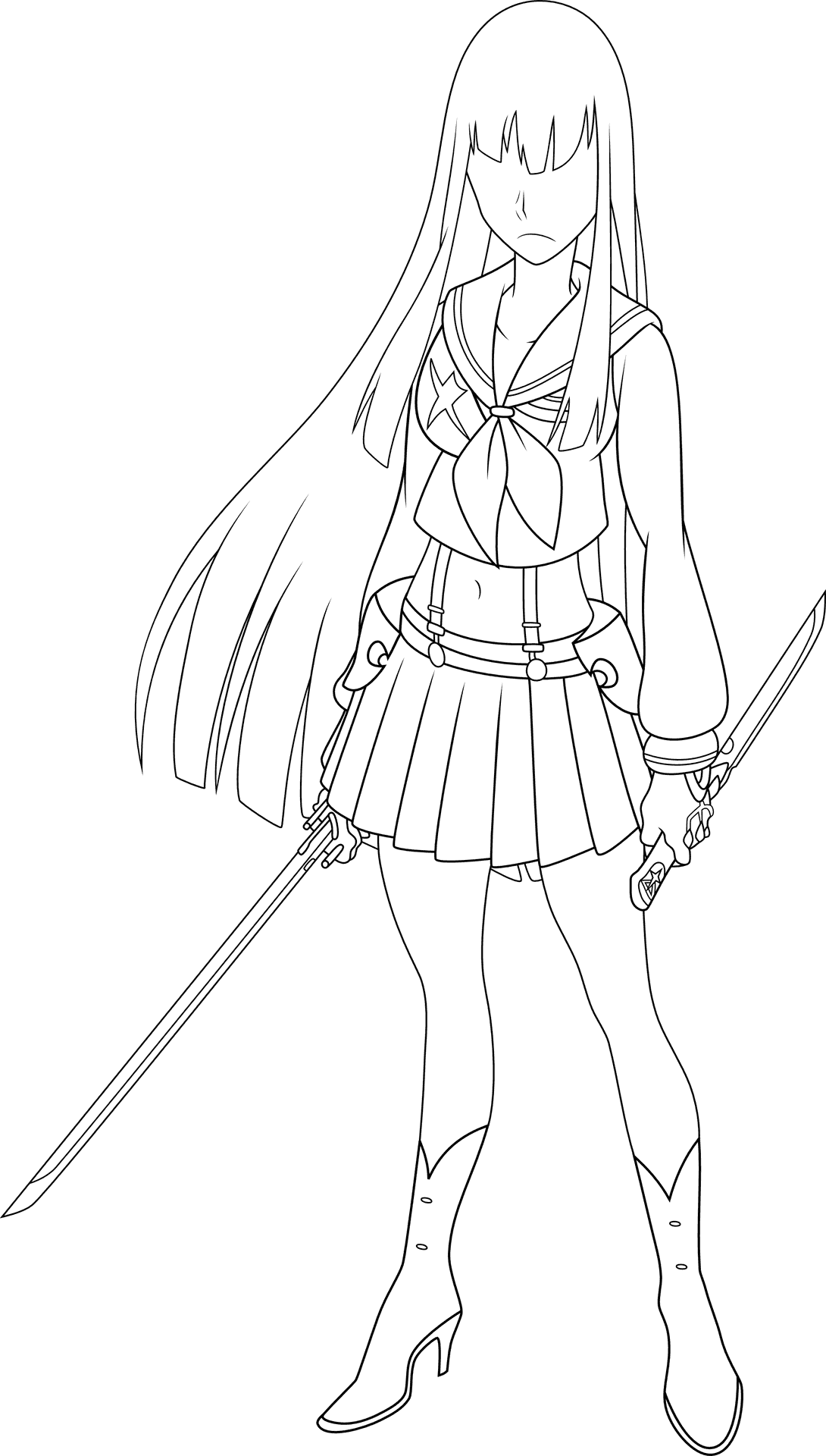 Anime Sword Girl Lineart PNG Image