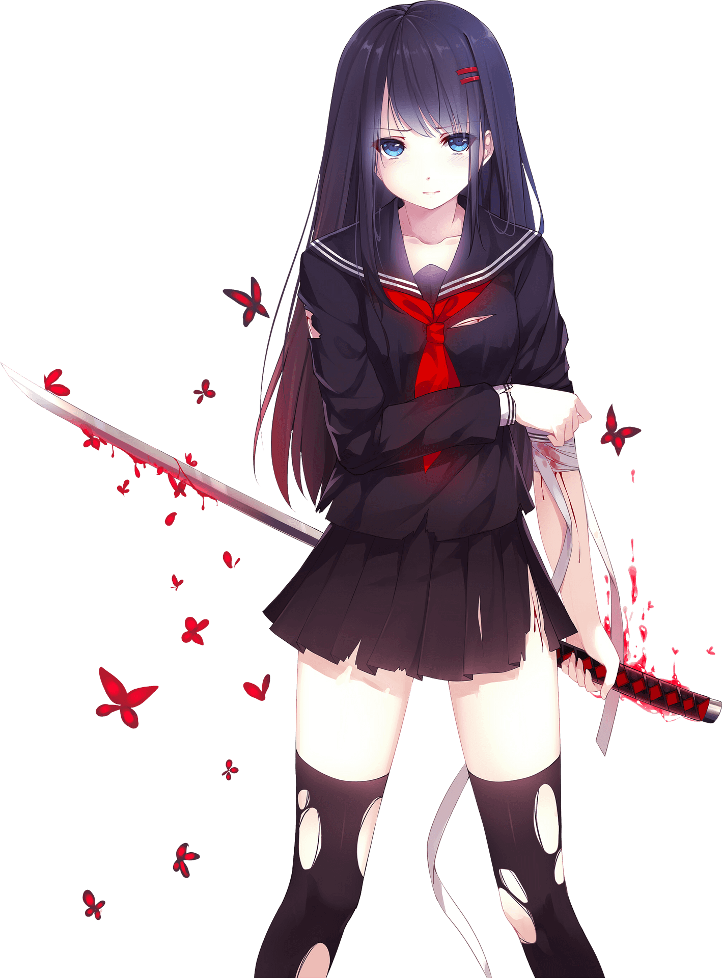 Anime Vampire Girlwith Swordand Butterflies PNG Image