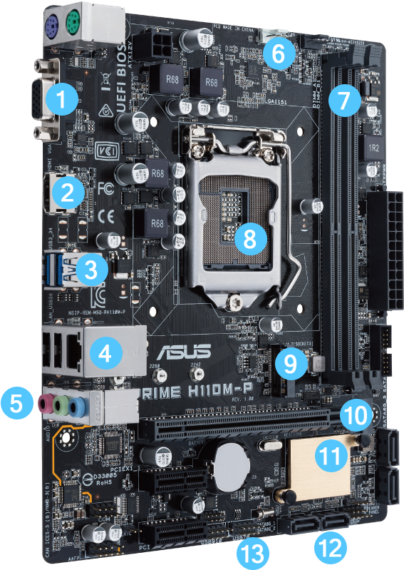 Annotated A S U S P R I M E H110 M P Motherboard PNG Image