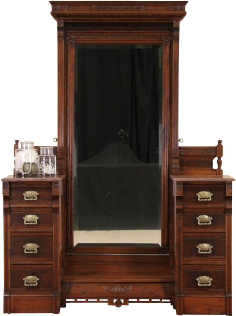 Antique Wooden Dressing Table With Mirror PNG Image